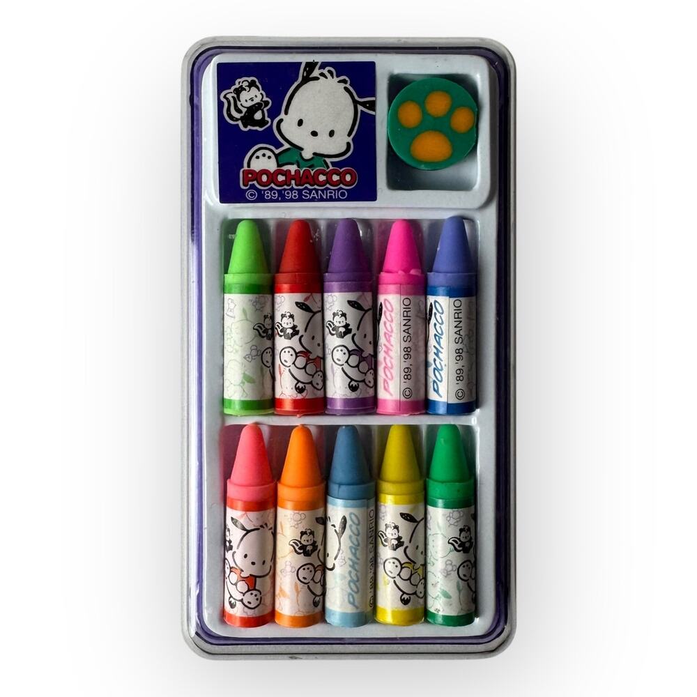 New Unused Rare Vintage 1998 Sanrio Pochacco 10 Mini Crayon Set with Paw Eraser